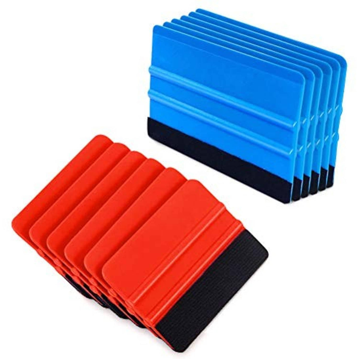Vinyl edge squeegee scraper set: stacked blue and red tools with black felt pads