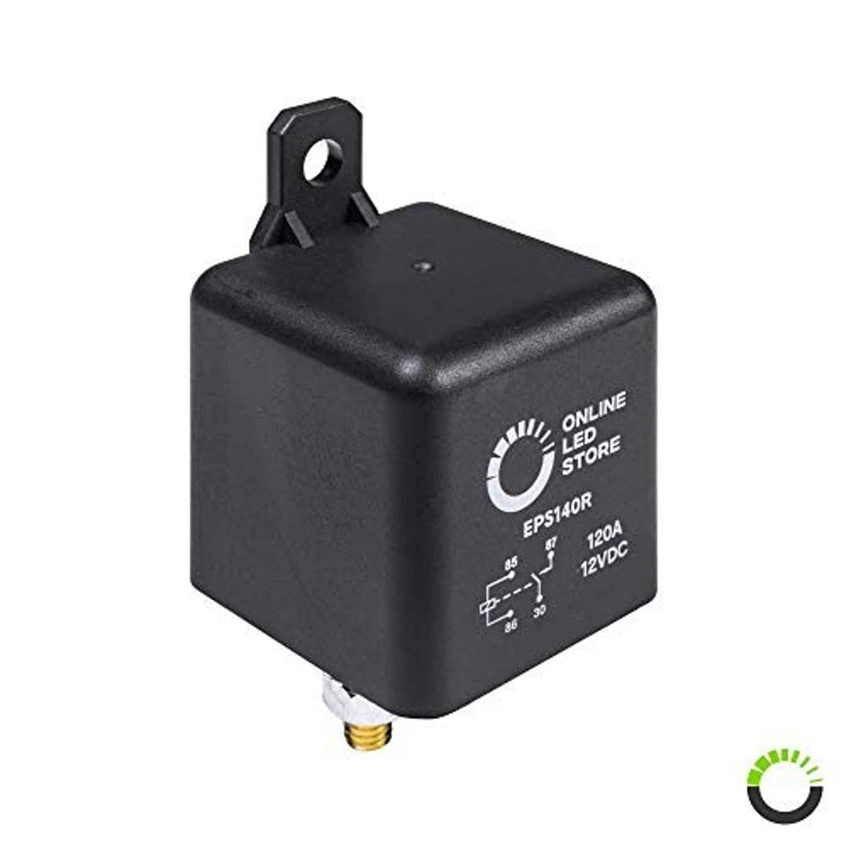 Black 12V DC split charge relay switch with top mounting tab and side label