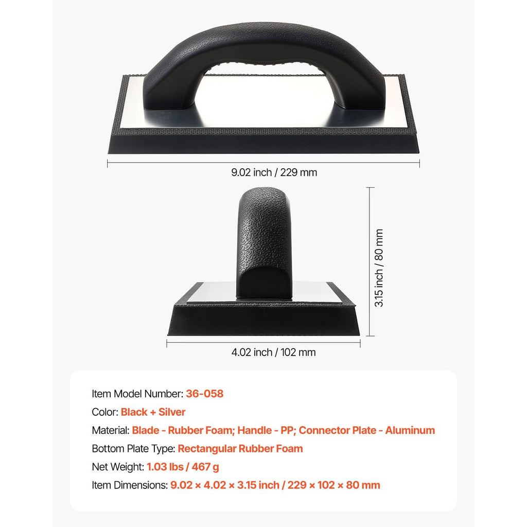Rubber grout float dimensions view: black handle with textured base plate