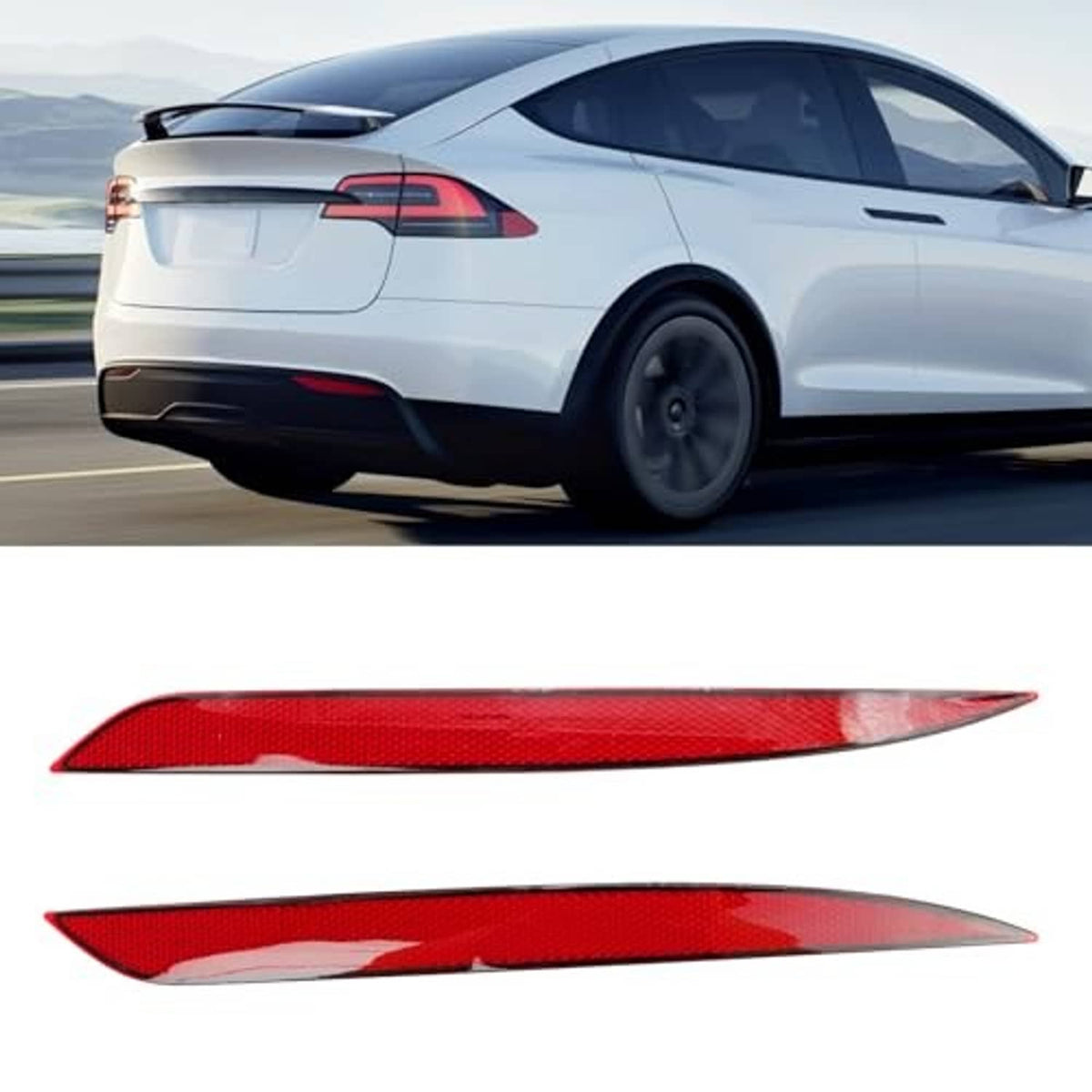 Pair of red rear bumper reflector lenses with clear outer edges