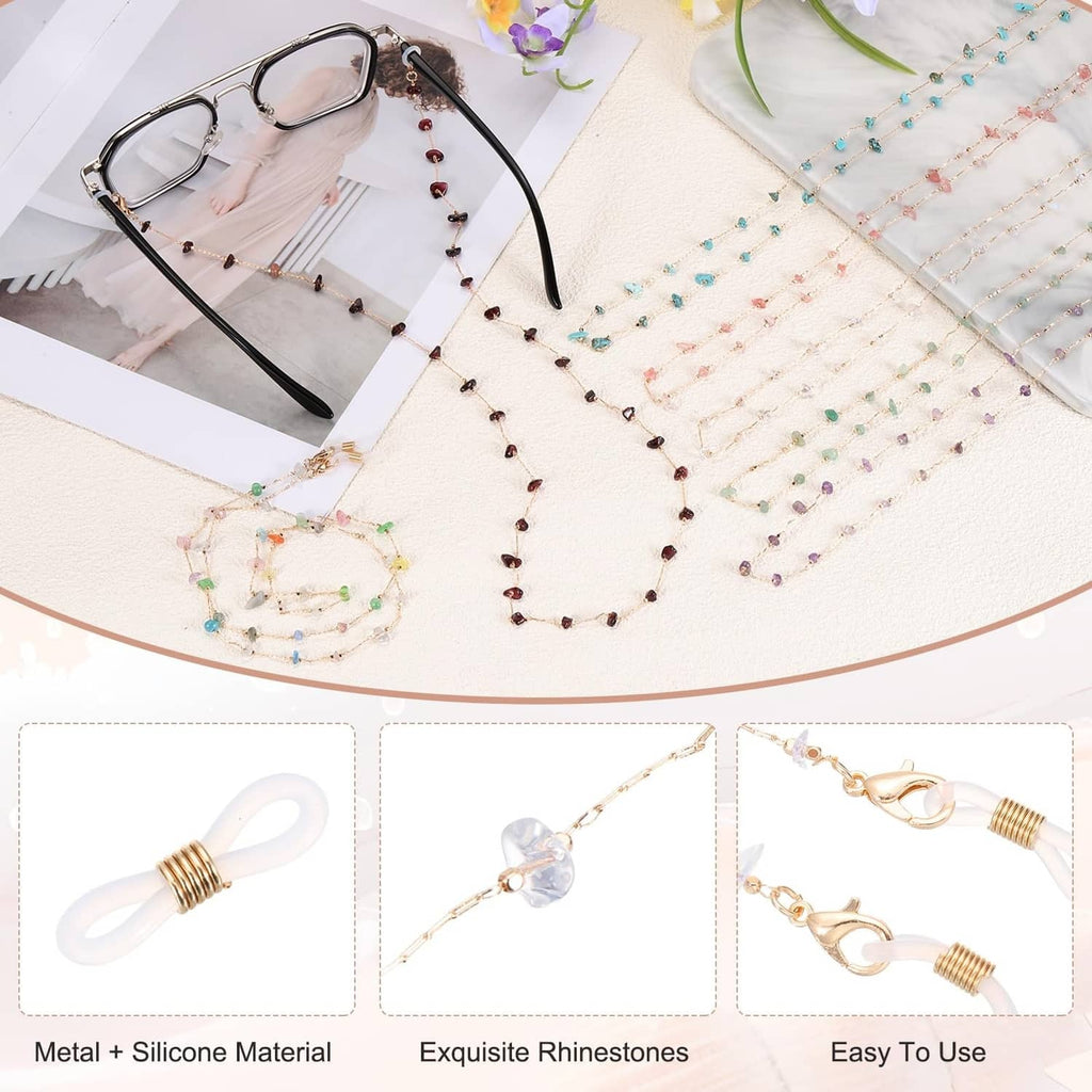 Eyeglasses strap chain with multicolor rhinestones and silicone loops, laid flat