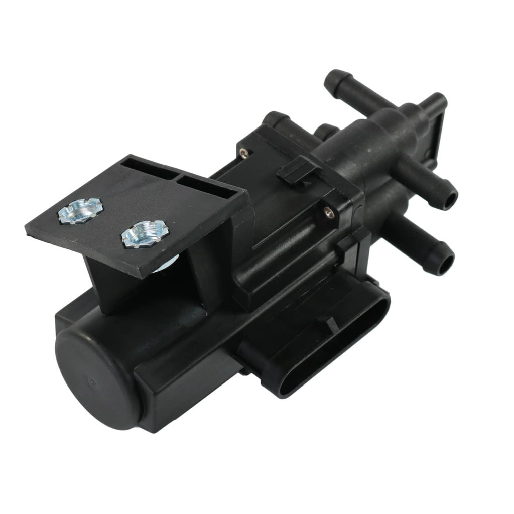 Fuel tank selector valve with flat mounting plate and hose ports, black plastic