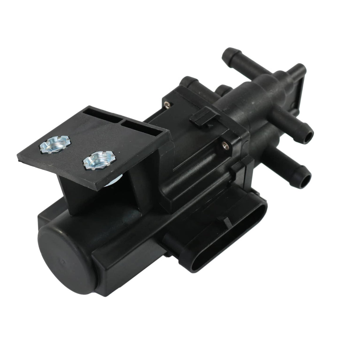 Fuel tank selector valve with flat mounting plate and hose ports, black plastic