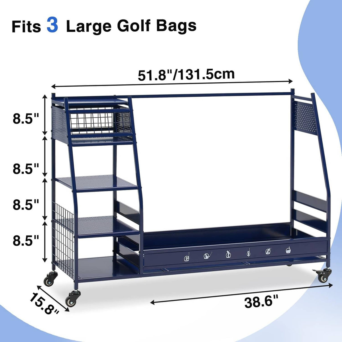 Blue golf bag organizer rack dimensions view with net shelves and locking wheels