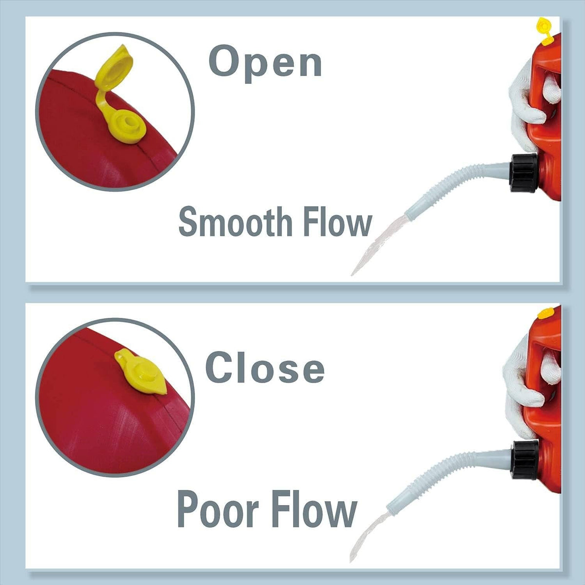 Flexible pour nozzle with yellow vent insert showing open and close positions