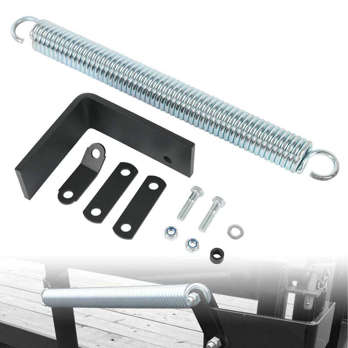 Trailer tailgate lift assist kit hardware set: silver spring, black bracket, tabs, bolts, washers
