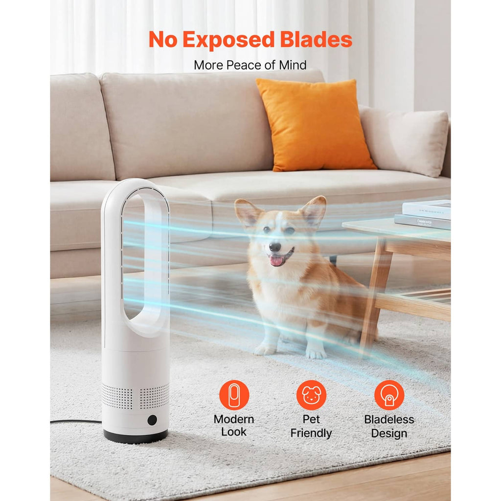 White bladeless tower fan with blue airflow jet through oval opening, on base.