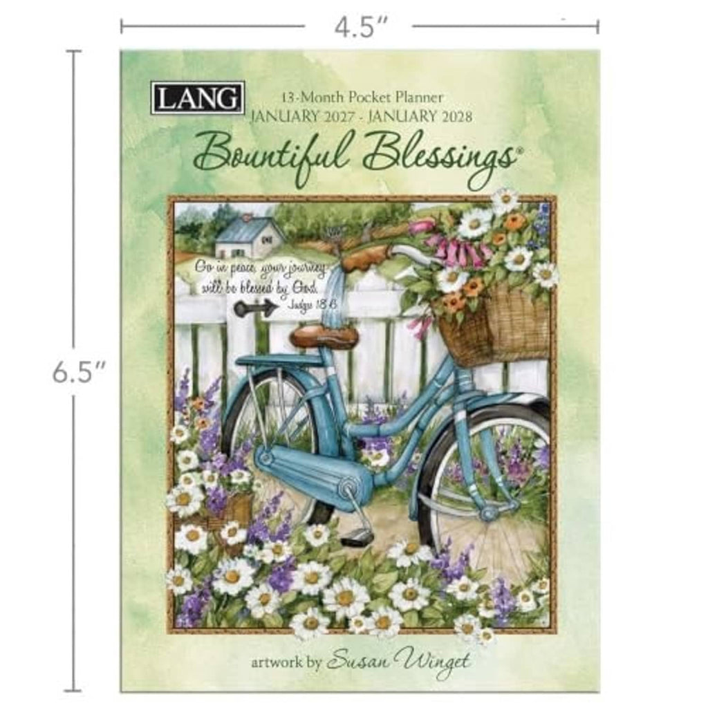 Green pocket planner cover with blue bicycle floral art and size marks 4.5 in x 6.5 in