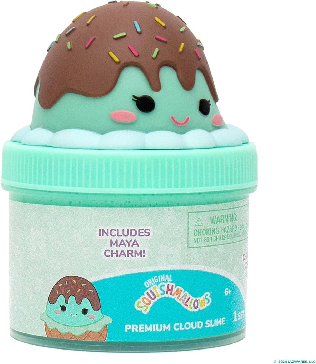 Teal premium cloud slime jar with brown ice-cream character on front label, 6+ age