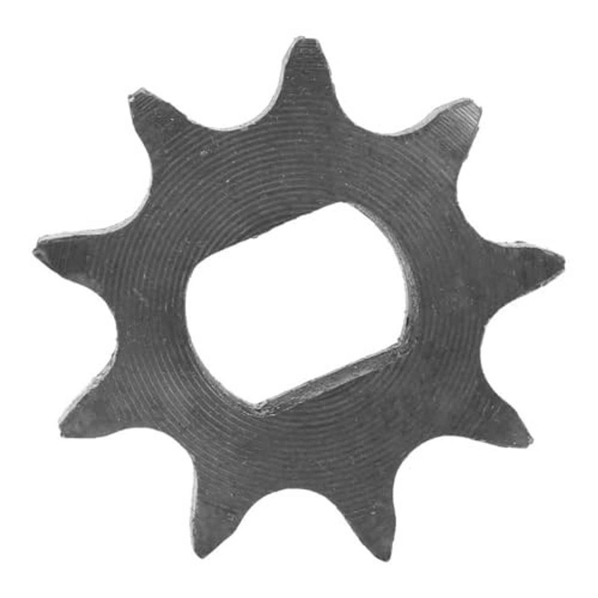 Dark metal 9-tooth chain sprocket with star-shaped teeth and central bore hole