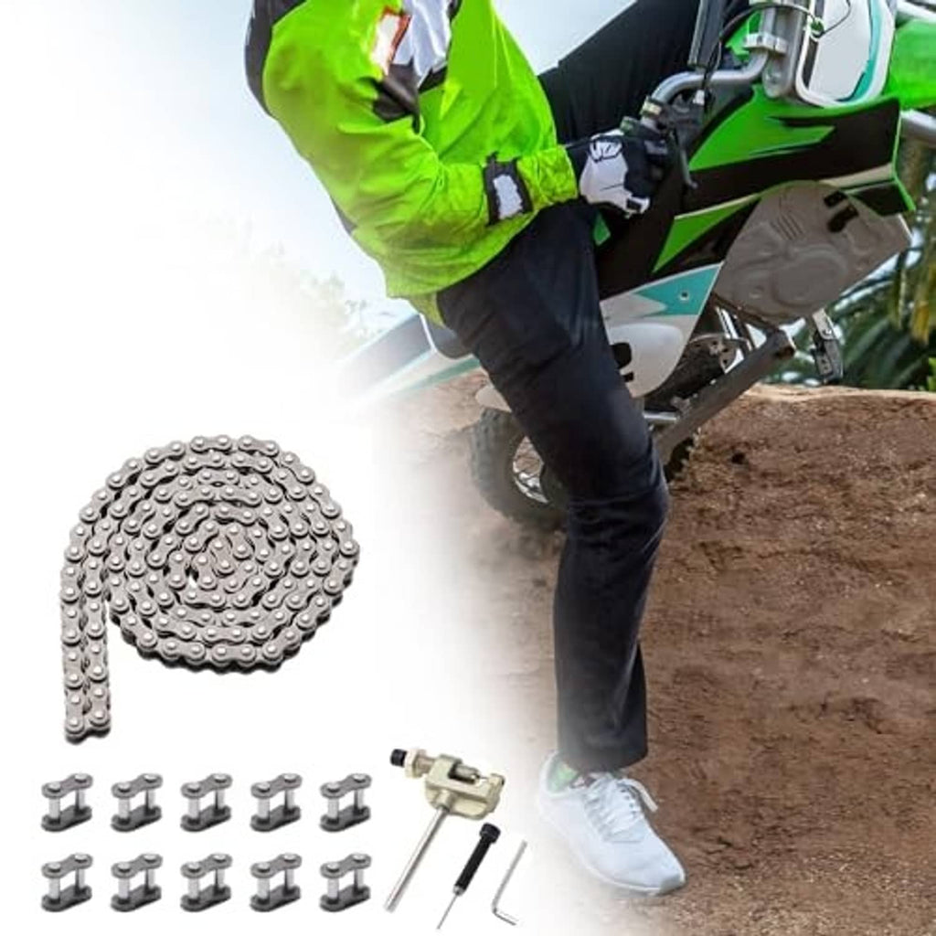 Roller chain kit with chain breaker tool and extra chain connector links