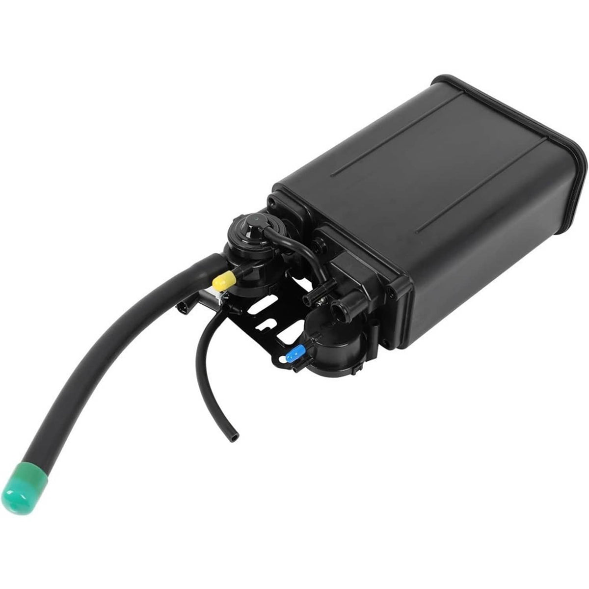 Fuel vapor charcoal canister with black housing, underside fittings, and hose end