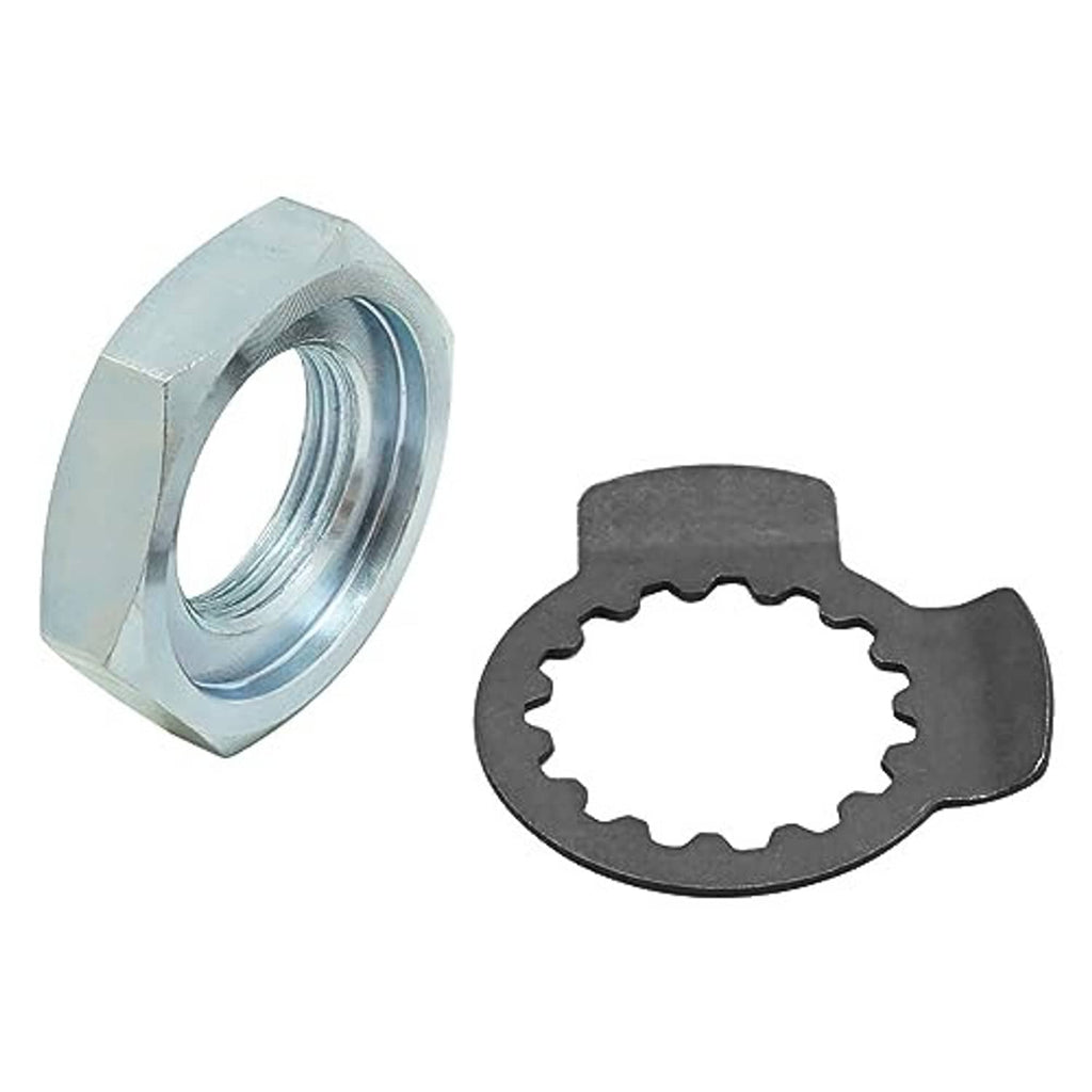Silver hex nut with ring of threads and dark serrated washer piece