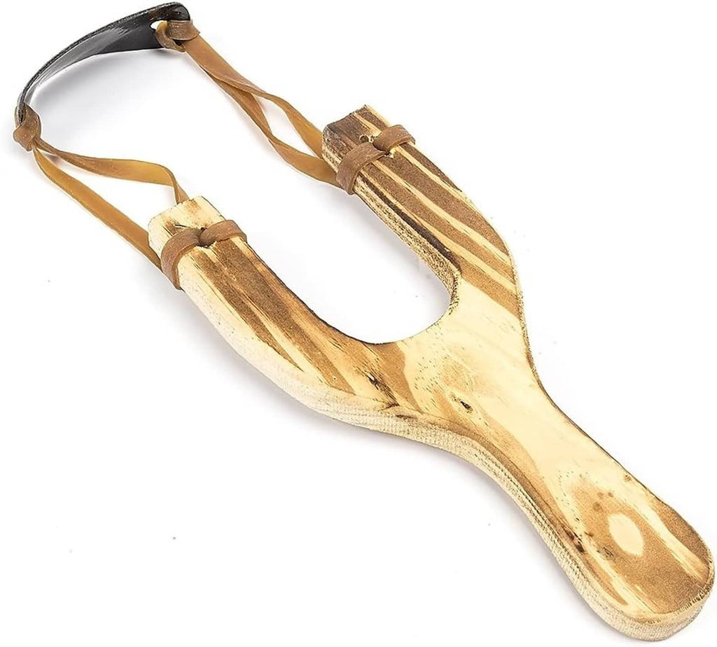 Single wooden slingshot, natural wood with tan straps and black band, angled view