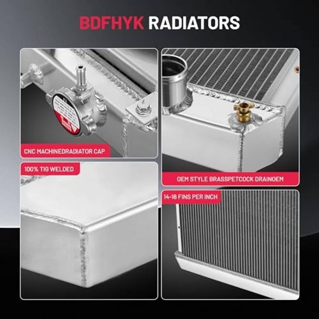 3-row aluminum radiator with cap, visible TIG-welded corners and brass fittings