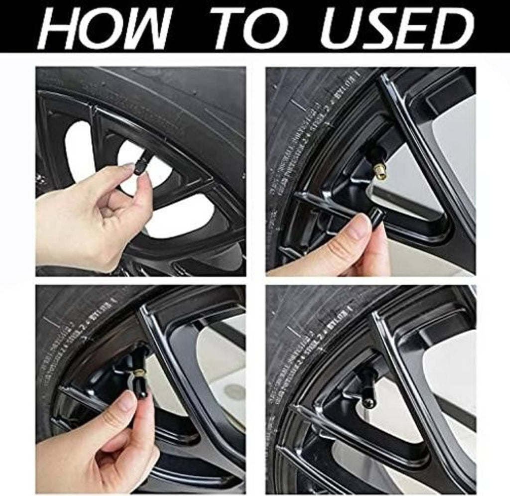 Black tire valve stem cap on car wheel valve during installation