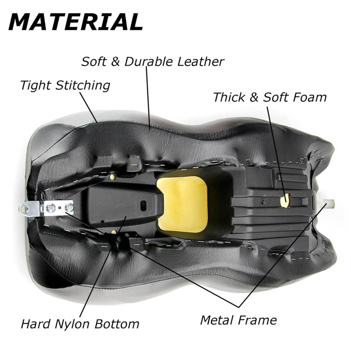 Motorcycle seat underside with mounting area, foam padding, and metal frame