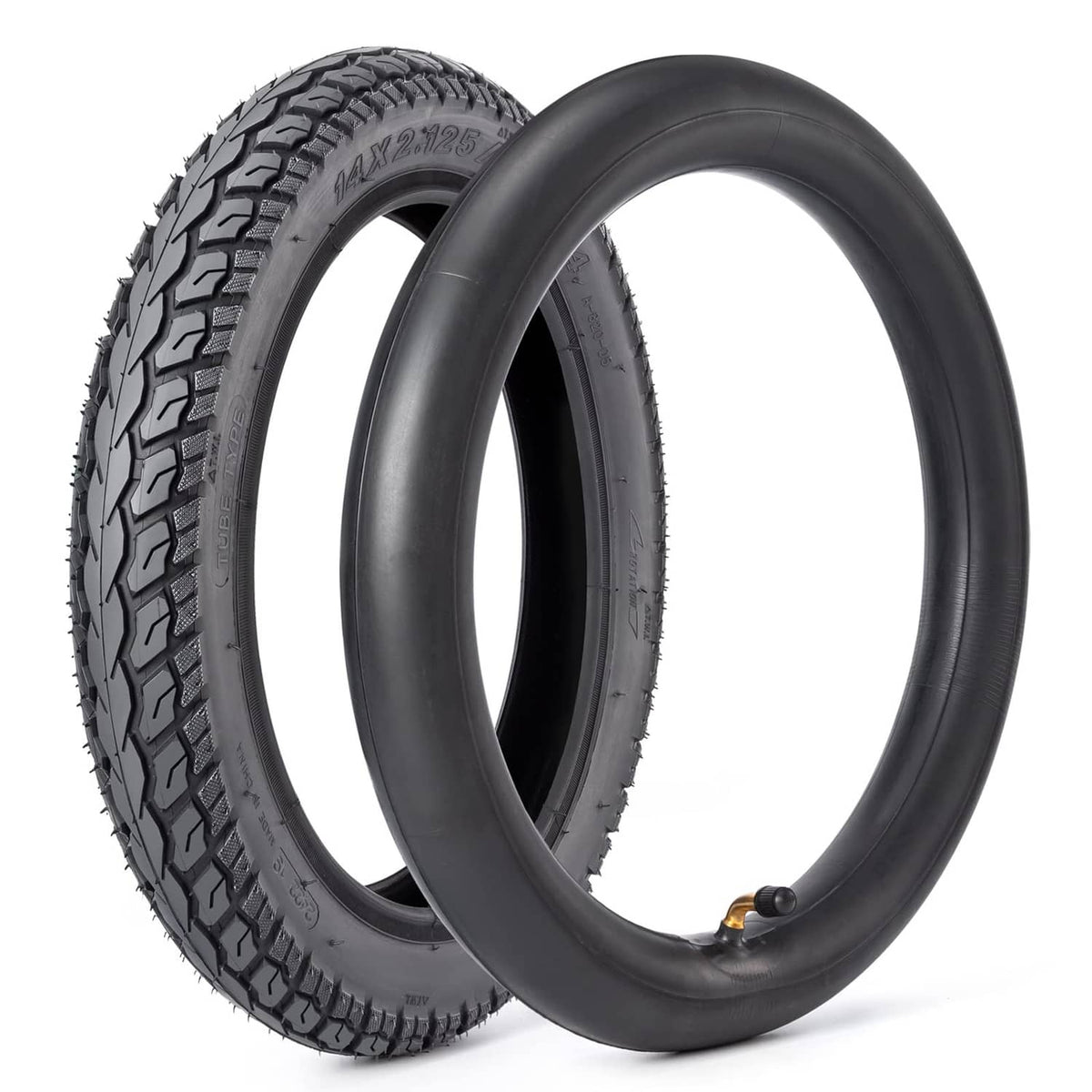 Black 14-inch tire and tube set with angled valve stem and deep tread pattern.