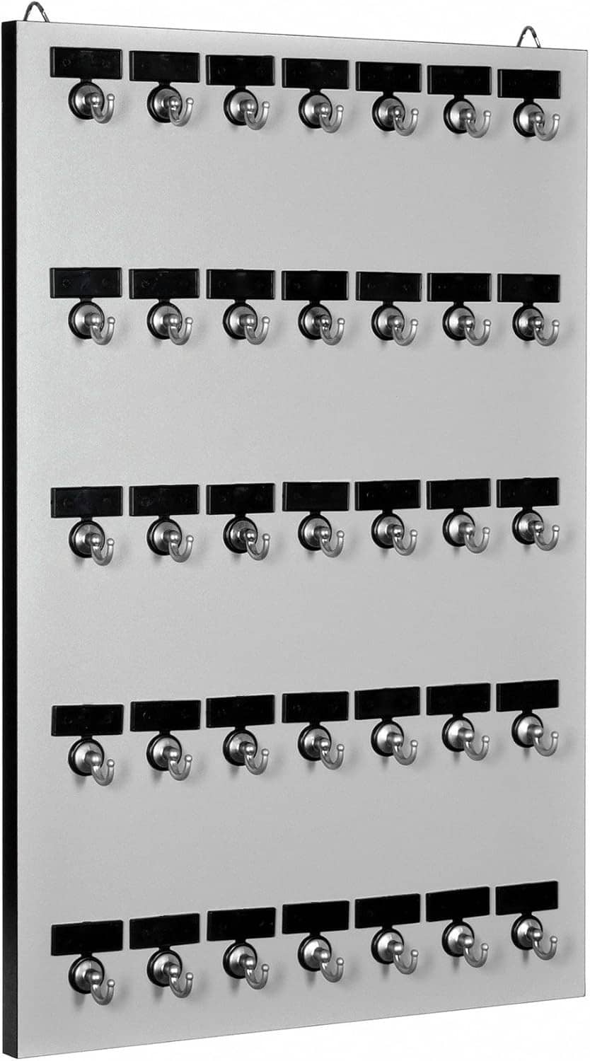 Multiple-row chrome key hook rack with black mounting strips on a flat board