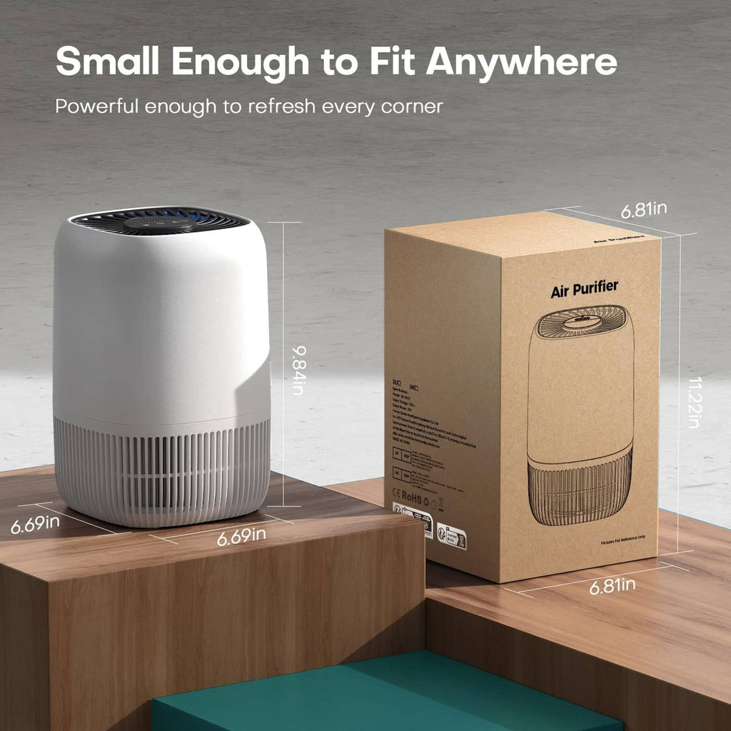 Compact white air purifier on shelf with visible top fan grille