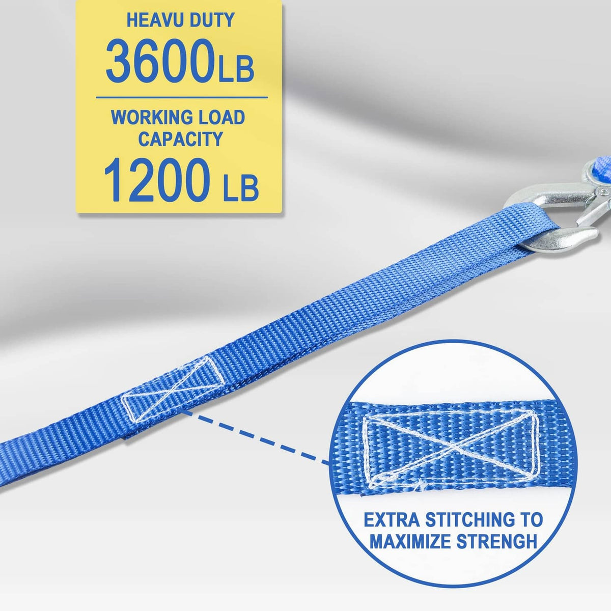 Blue soft-loop tie-down strap with metal hook and extra reinforced stitching