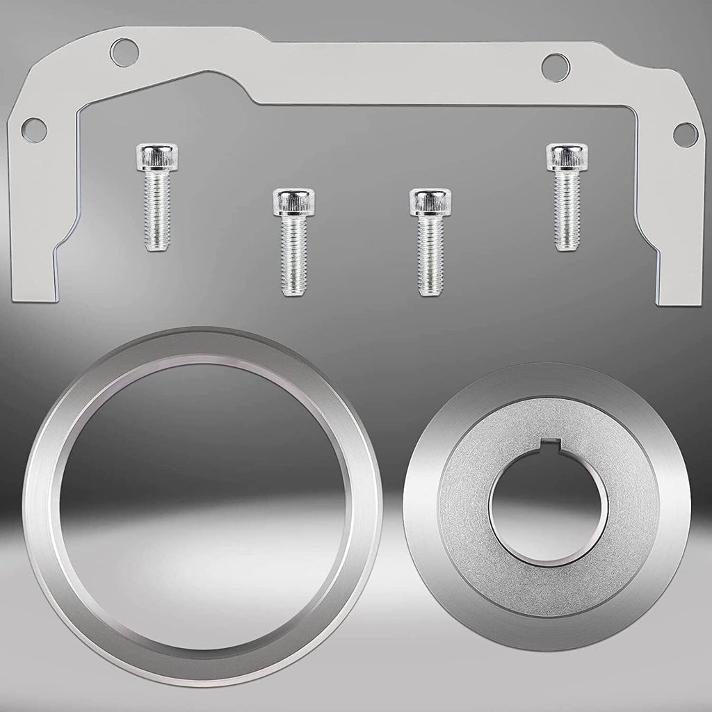 Machined oil pan alignment kit parts: metal plate with bolts and two alignment rings