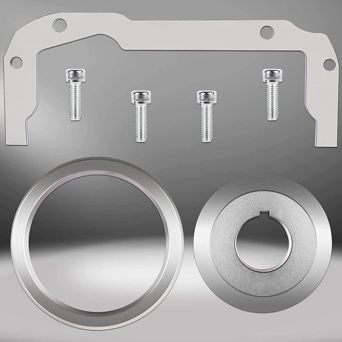 Machined oil pan alignment kit parts: metal plate with bolts and two alignment rings