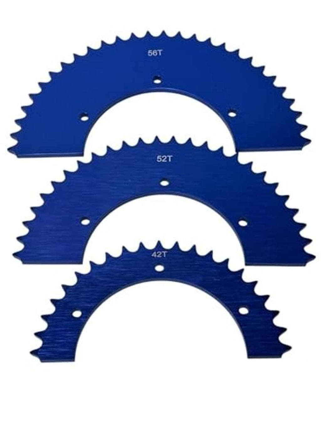 Blue aluminum sprocket set with tooth arcs, marked 58T, 52T, 42T