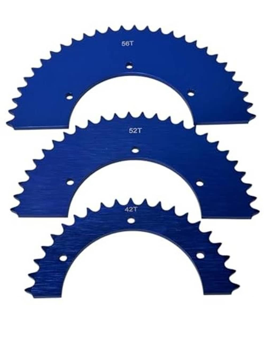 Blue aluminum sprocket set with tooth arcs, marked 58T, 52T, 42T