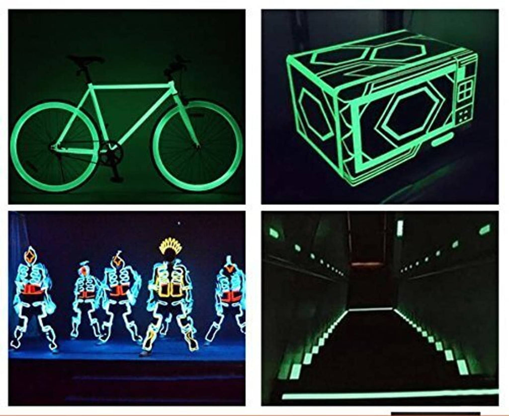Glow tape craft designs: bicycle, glowing cube, figures, and tunnel accents in green
