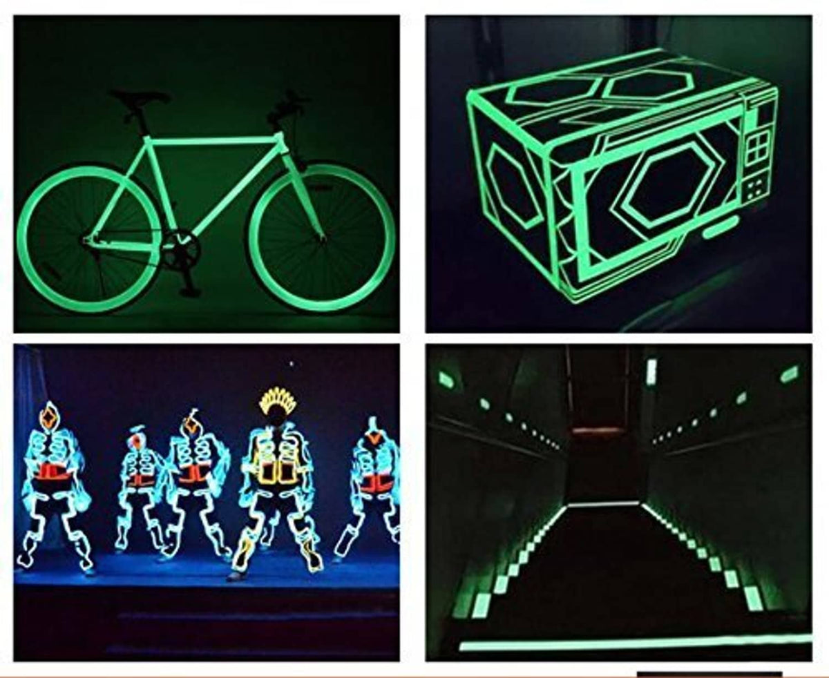 Glow tape craft designs: bicycle, glowing cube, figures, and tunnel accents in green