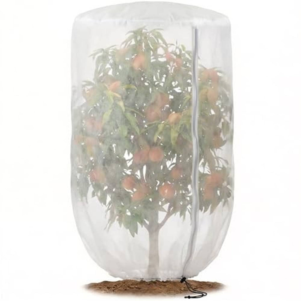 White plant shade cover bag with rounded top, zipper panel, and drawstring bottom
