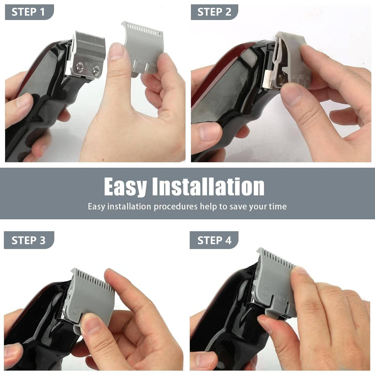Clipper guard replacement being snapped onto a black hair trimmer, silver comb