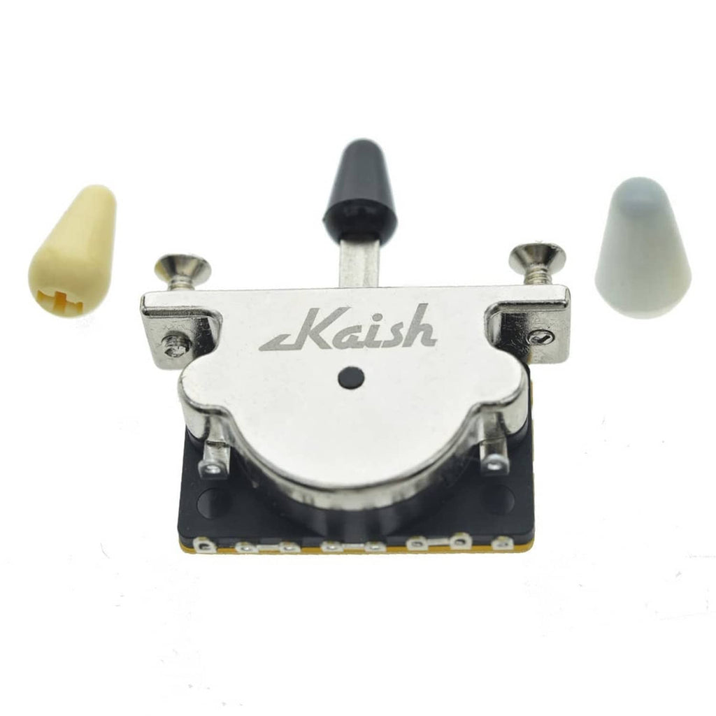 3-way guitar pickup selector switch with silver metal plate and black lever, three caps