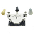 3-way guitar pickup selector switch with silver metal plate and black lever, three caps