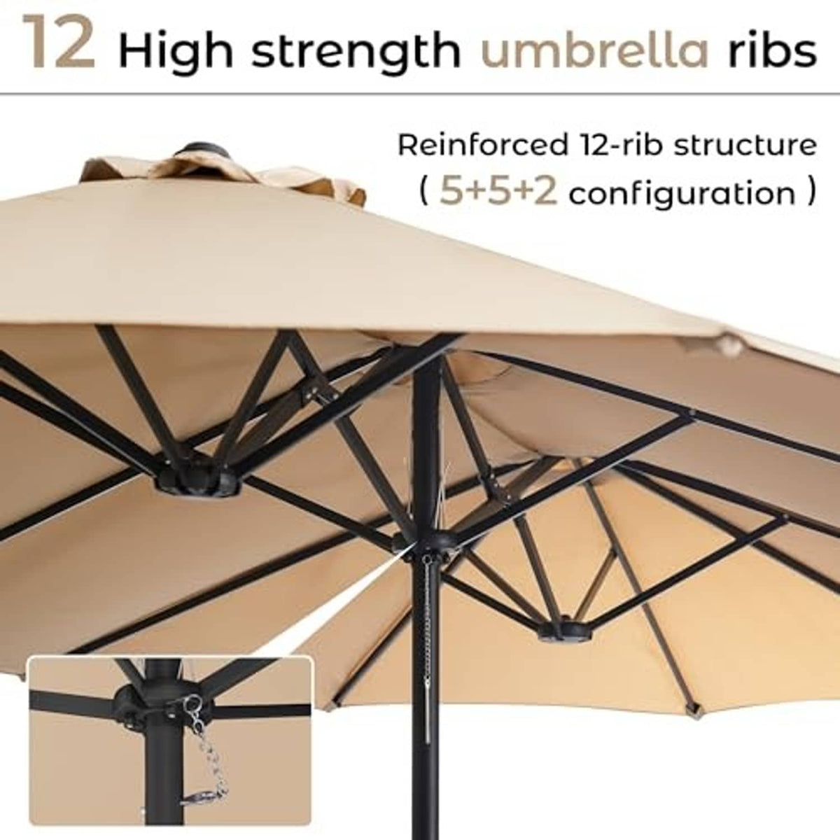 Beige patio umbrella with reinforced 12-rib black frame and central pole