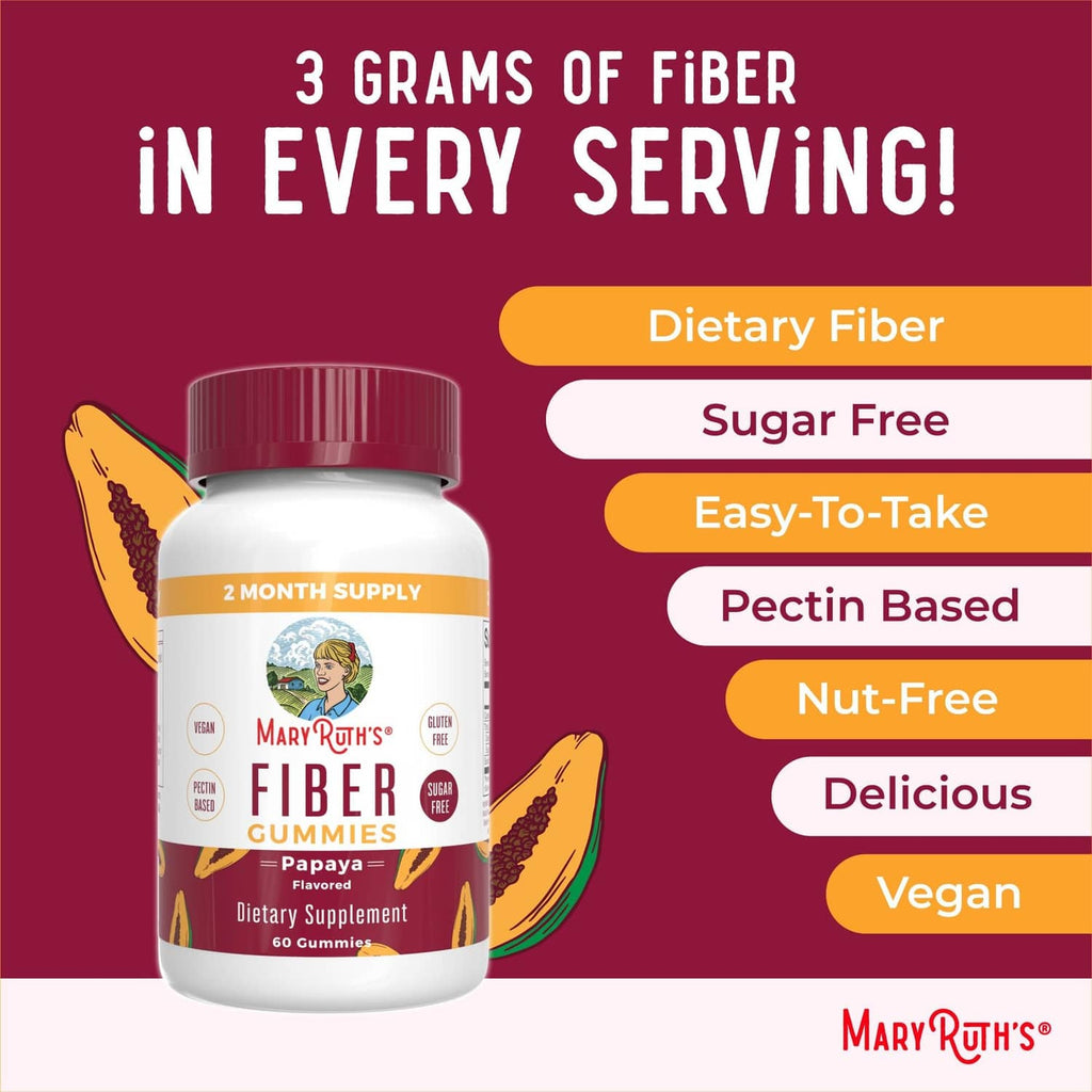 MARYRUTH'S Fiber Gummies bottle with maroon cap, 3 grams fiber per serving, sugar free