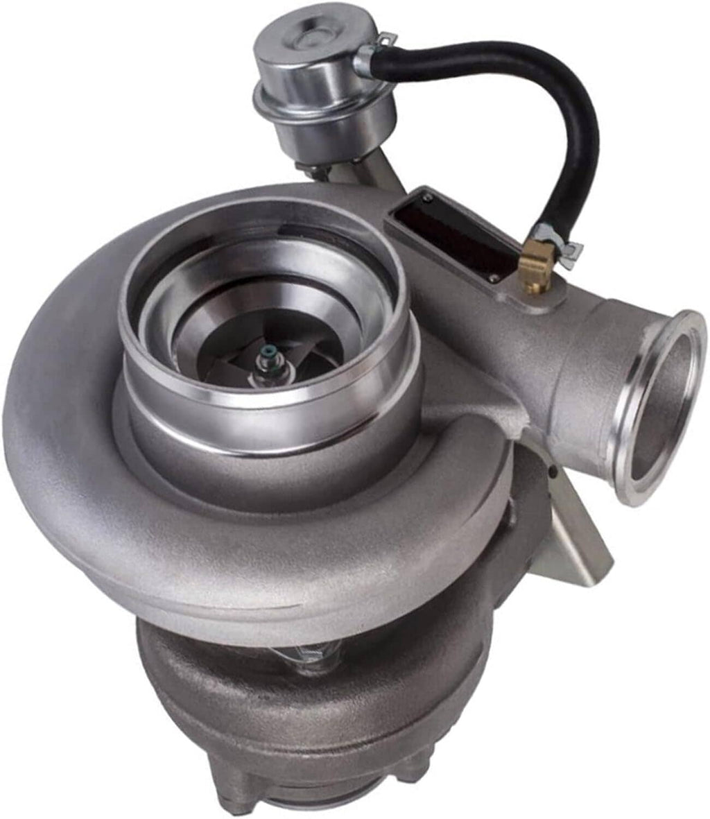 Turbocharger unit with metallic housing, inlet flange, and compressor wheel visible