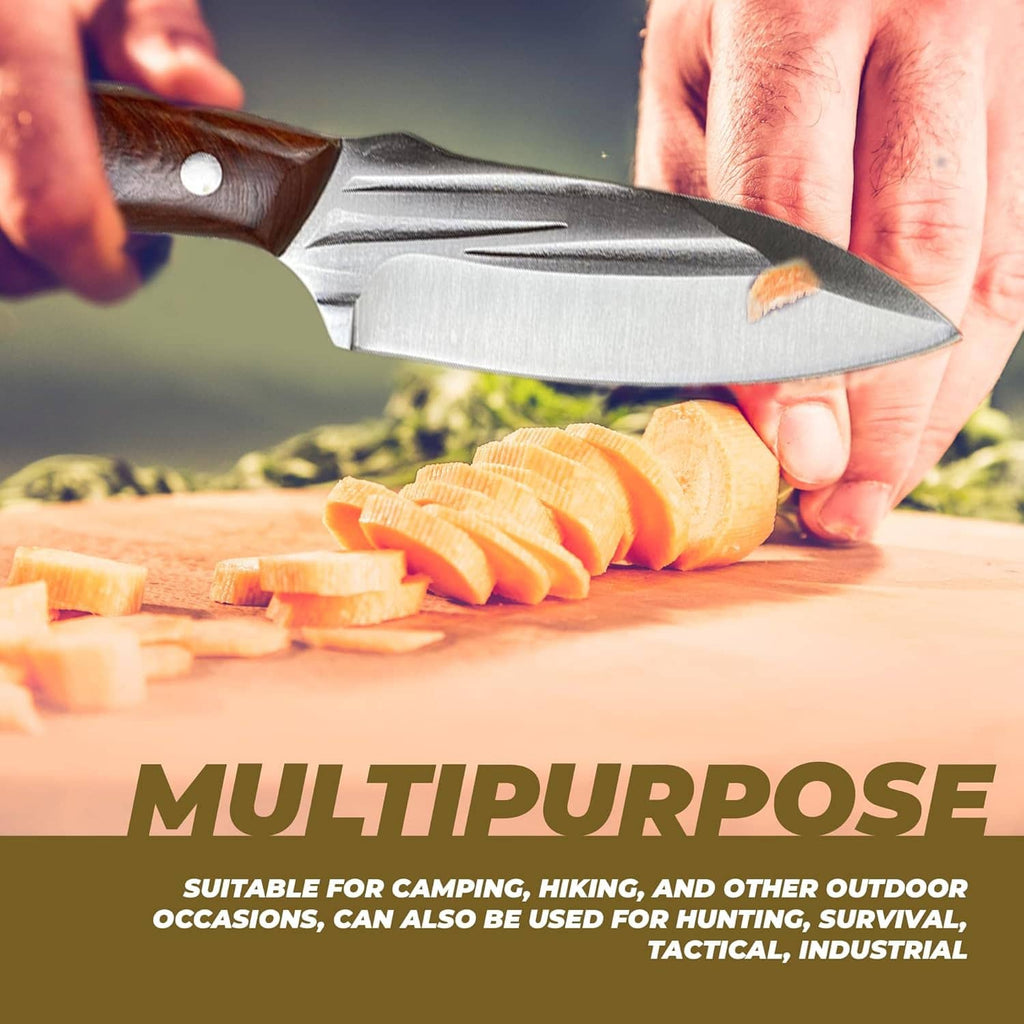 Wood-handled fixed blade knife cutting sliced food, blade close-up