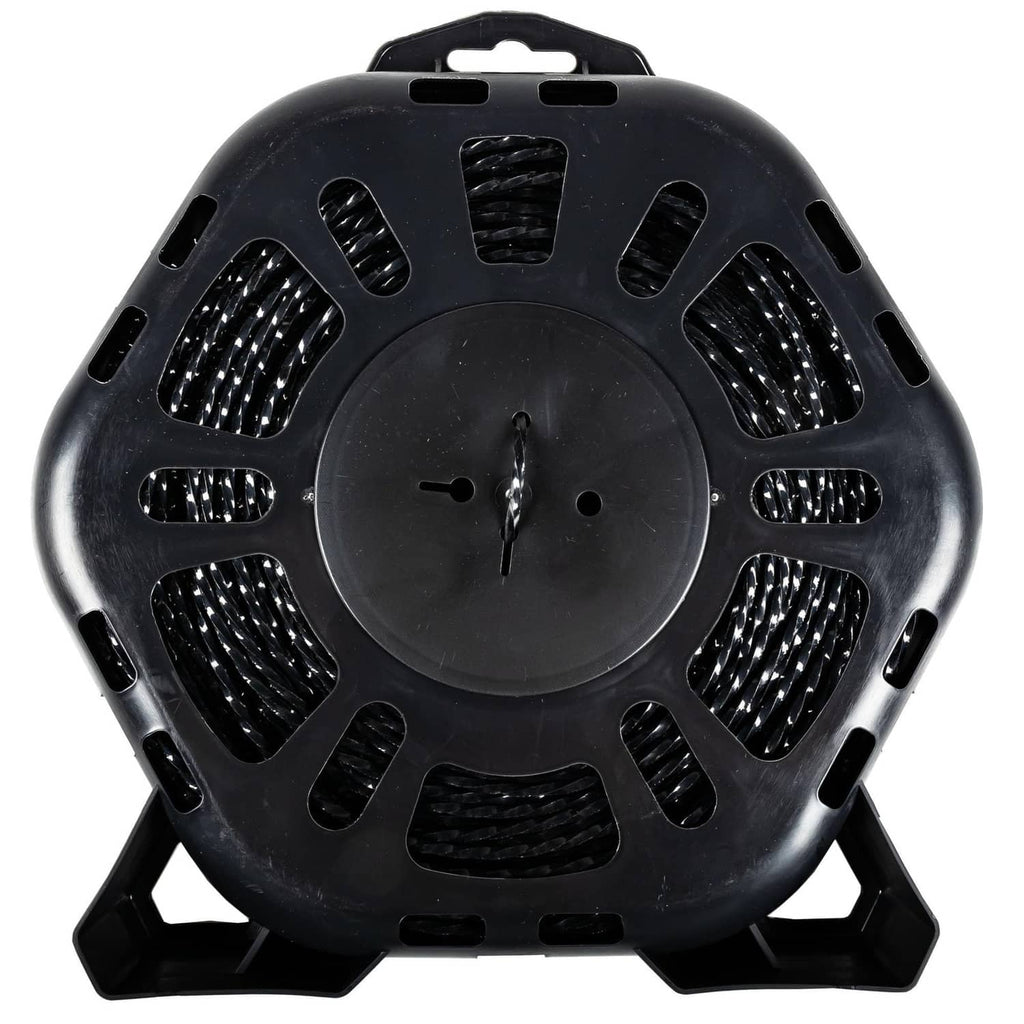 Black plastic trimmer line spool with vented guard and central hub