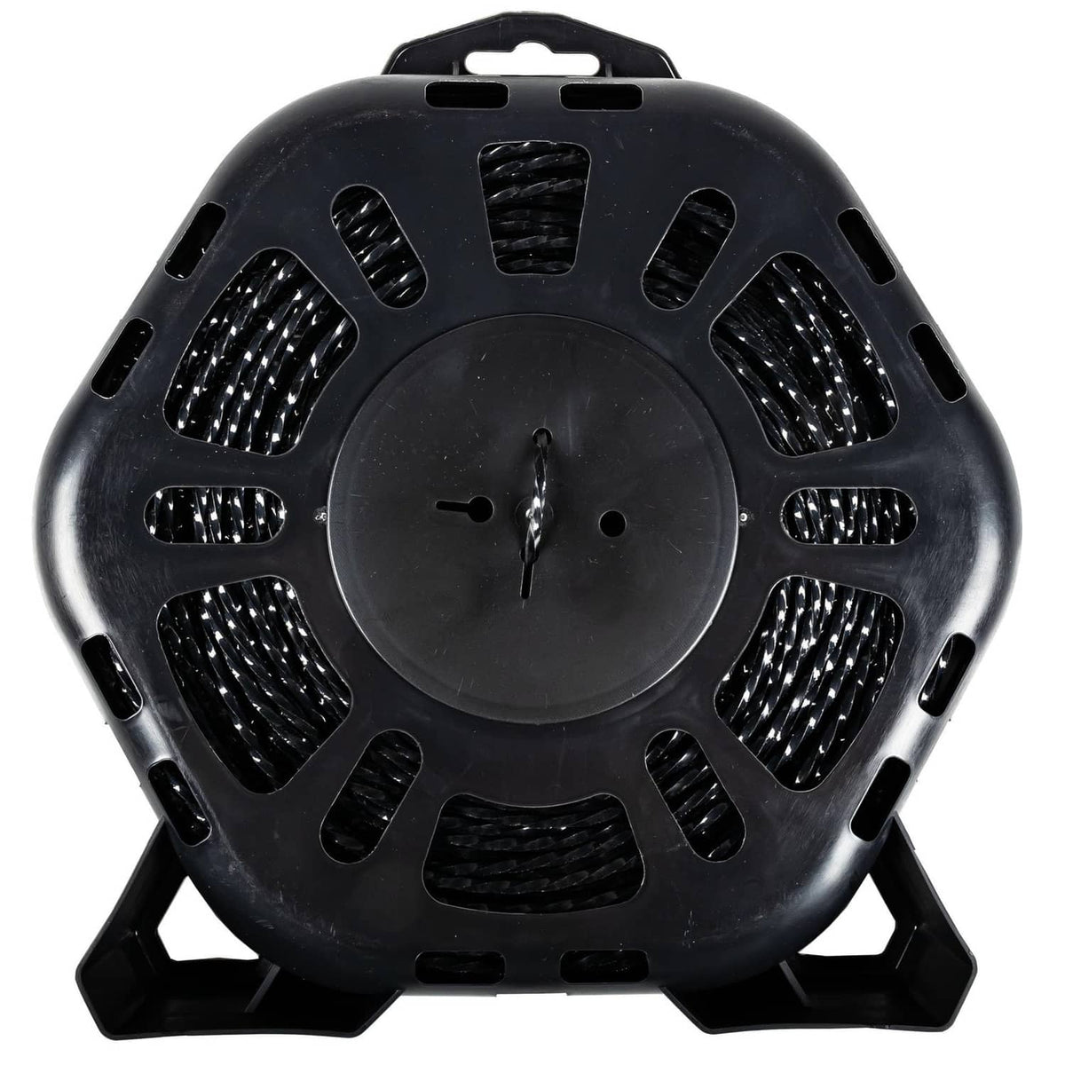 Black plastic trimmer line spool with vented guard and central hub
