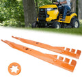 Orange mower deck blade set with star center and mounting holes, replacement part