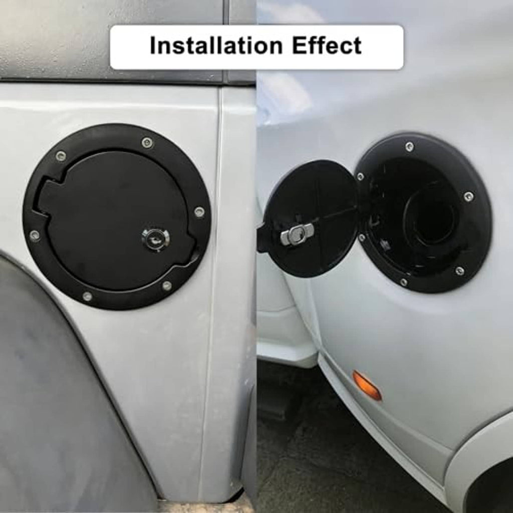 Locking black fuel filler door installed on a vehicle panel