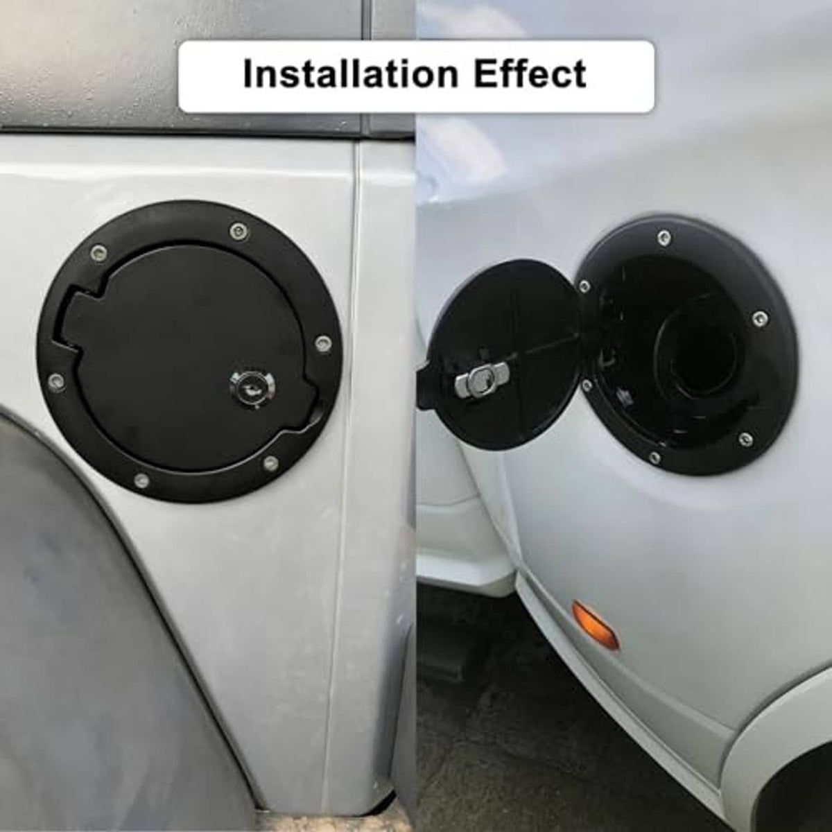 Locking black fuel filler door installed on a vehicle panel