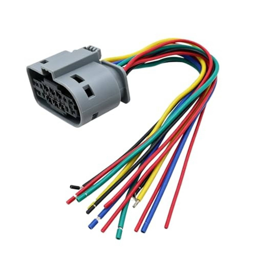 Headlight wiring connector plug with gray housing and multicolor wire harness leads