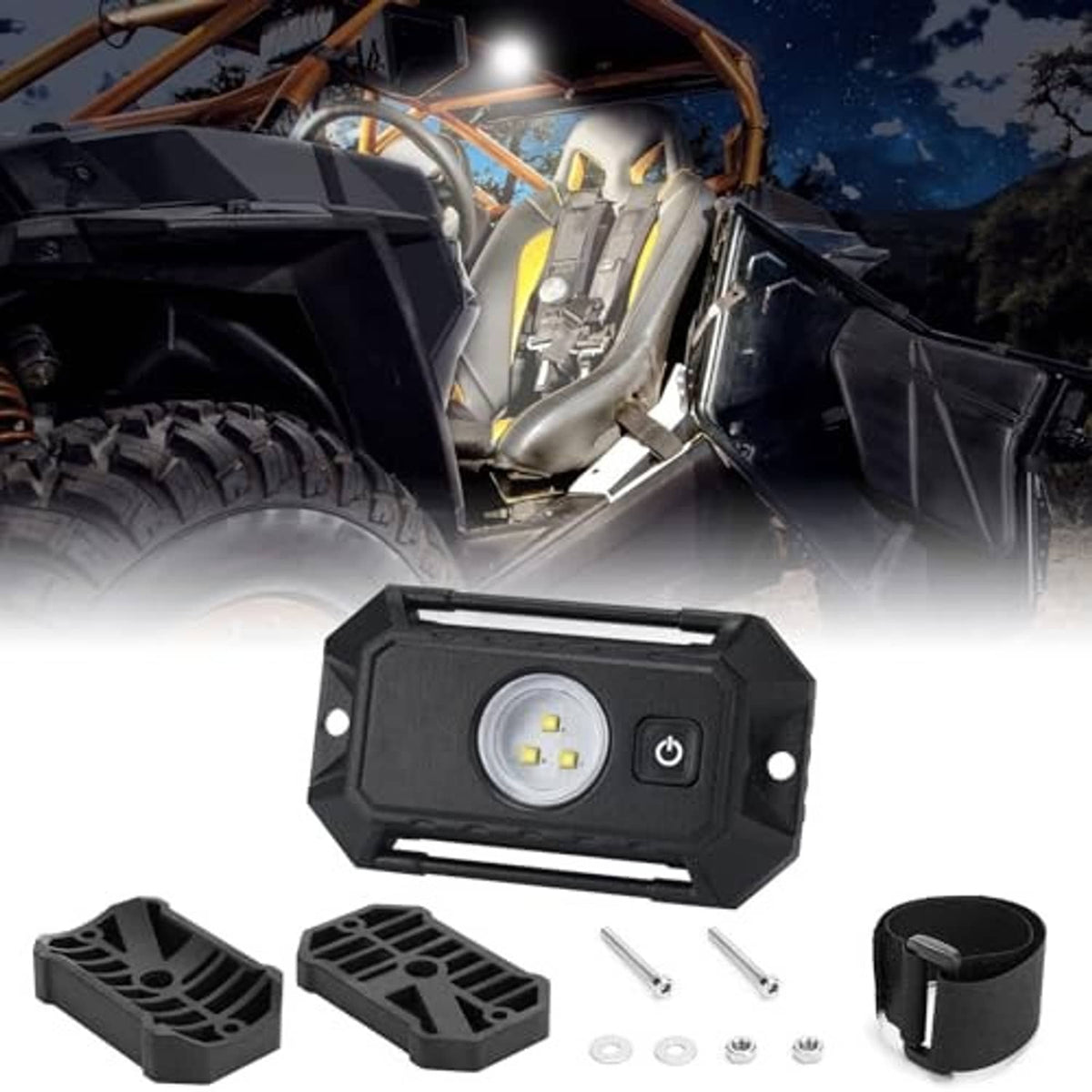 Universal roll-bar LED dome light kit with black housing, mounting bases, strap and screws