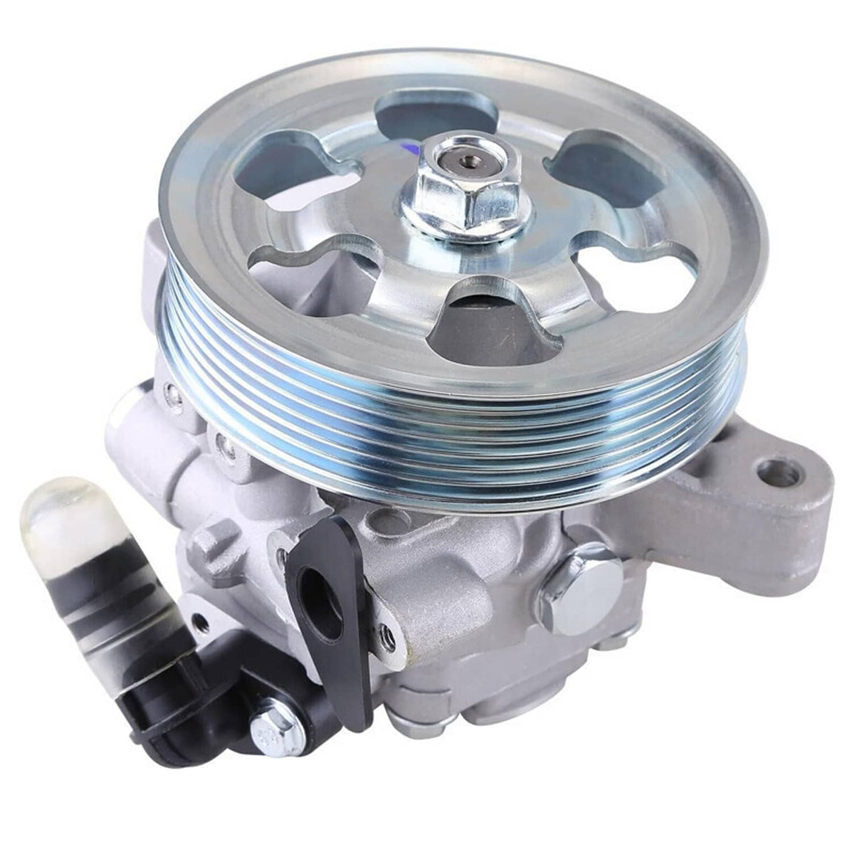 Power steering pump with ribbed pulley and silver cast housing, side hose connector