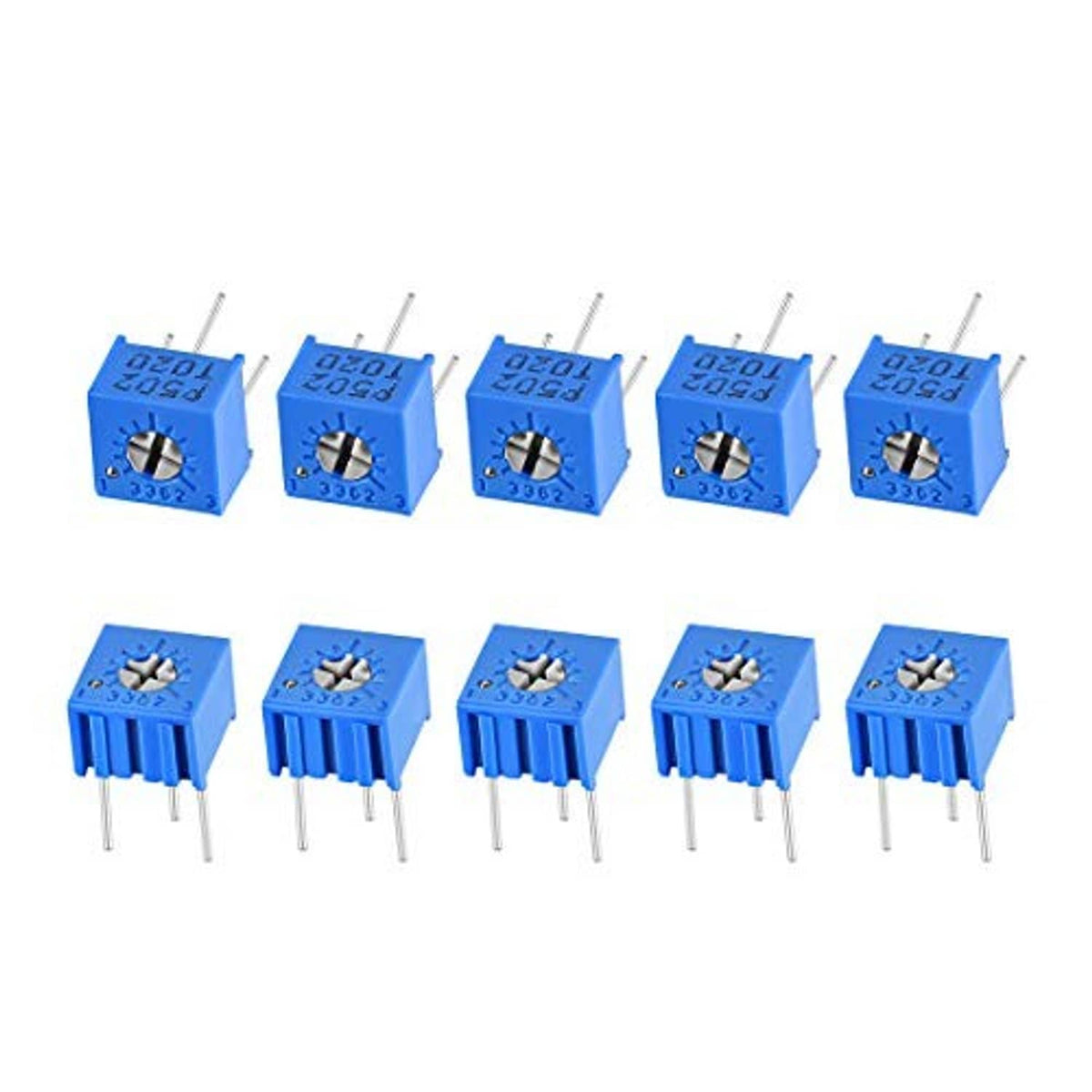Set of blue 5K ohm horizontal trimmer potentiometers with top adjustment screw and 3 pins