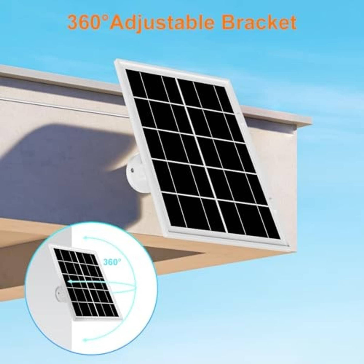 Adjustable solar panel charger with 360° tilting mount and angled solar panel