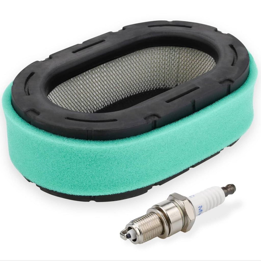 Engine air filter with teal foam and black rubber gasket, plus silver spark plug